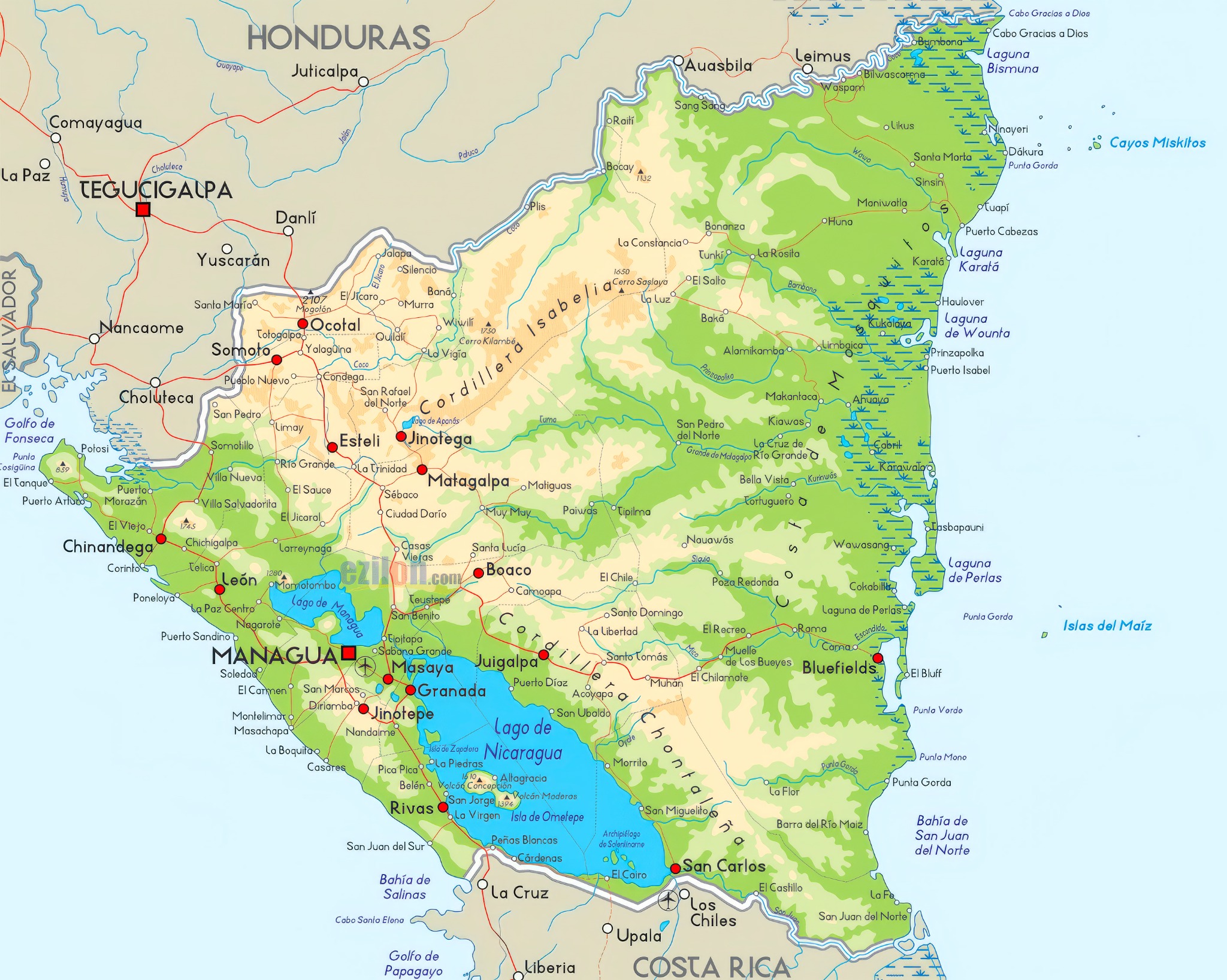 Mapa Nikaraguy s jedenácti místy k návštěvě